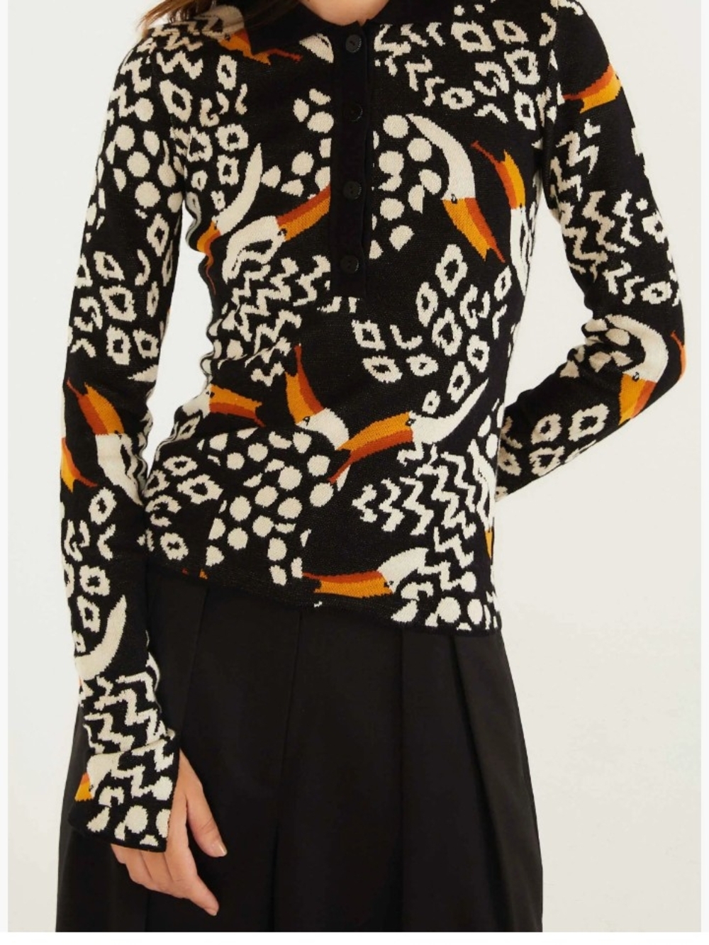 FARM Rio Black Crewneck Sweater With a Leopard and Toucan Pattern